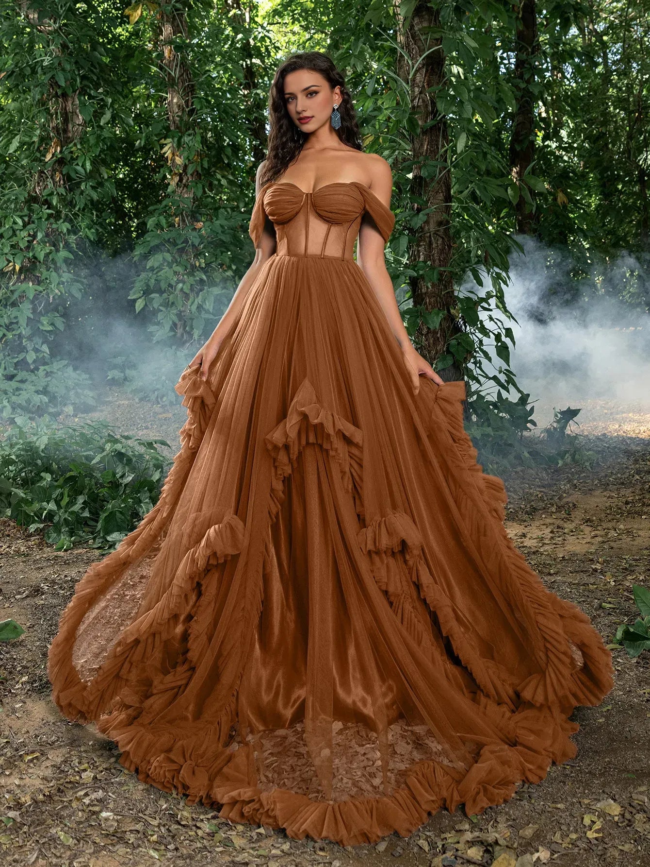 Elegant Evening Dresses Gorgeous Off Shoulder Sheer Corset Bodice Ruffle Trim Tulle Prom Dress Evening Dresses/ Evening Dresses For Women